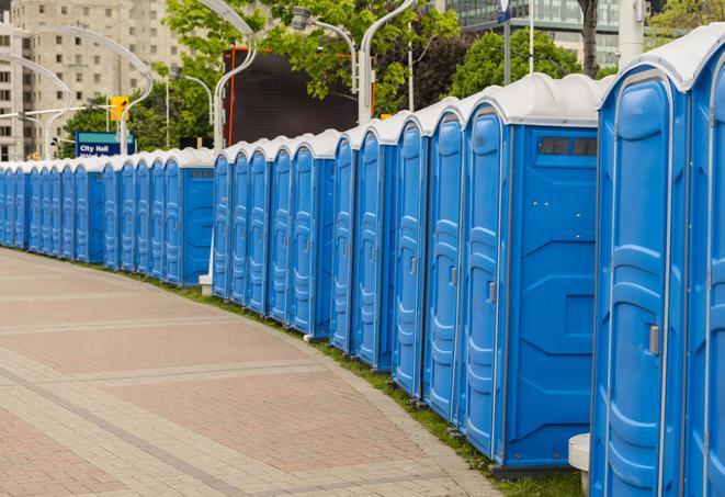 a row of portable restrooms ready for eventgoers in Burns Harbor IN